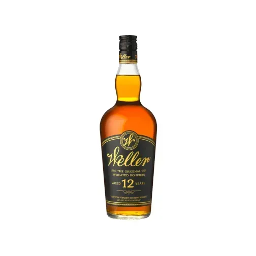 Bottle of Weller 12 Year bourbon with a black and gold label.