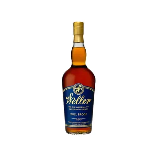 Bottle of Weller Full Proof Bourbon, dark amber liquid, blue and gold label.