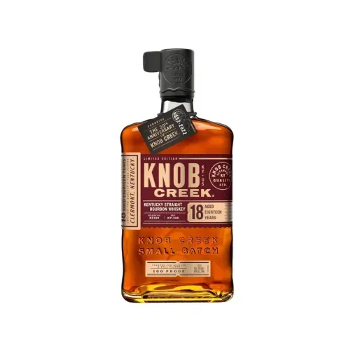 Knob Creek 18 Year Old bourbon whiskey bottle with label in brown, black, and gold.