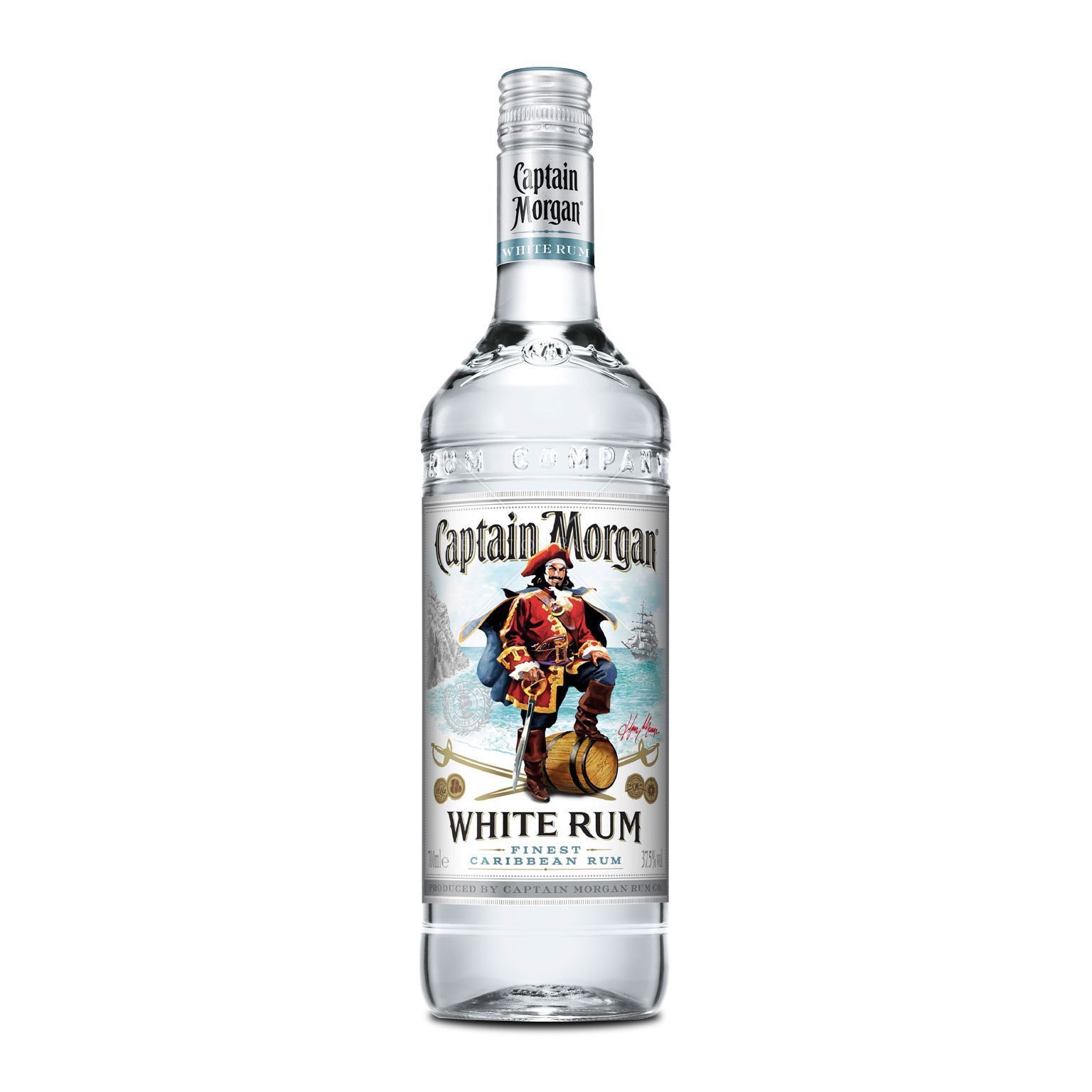 Bottle of Captain Morgan White Rum. Clear glass, label featuring a pirate, snow background.