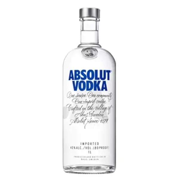 Bottle of Absolut Vodka, clear glass with blue and silver label, imported.