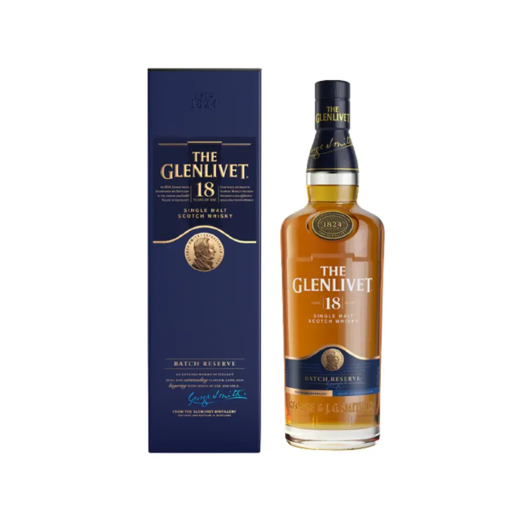 The Glenlivet 18-Year-Old single malt whisky bottle and box; blue and gold labels.
