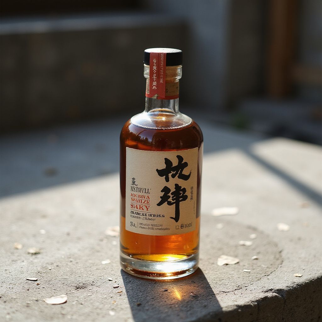 A bottle of amber-colored liquor with a Japanese label on a concrete surface in sunlight.