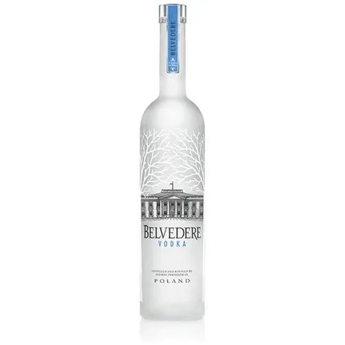 Bottle of Belvedere vodka, clear glass, with a frosted label and blue accents.