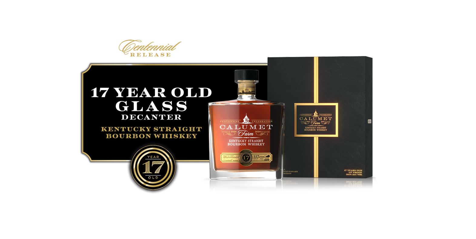 Calumet 17-year-old bourbon in a decanter bottle with a box and a Centennial Release logo.