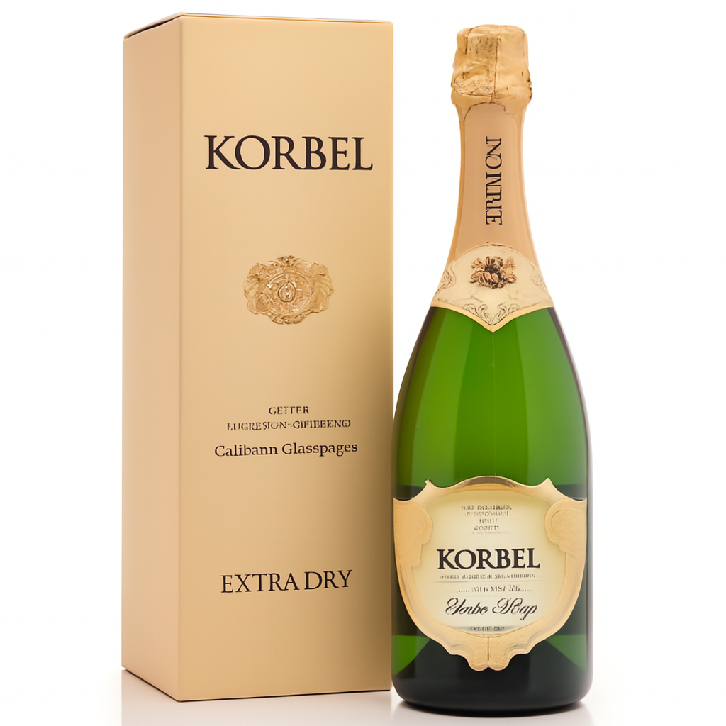 Korbel Extra Dry champagne bottle and box on white background. Bottle is green. Box is tan.