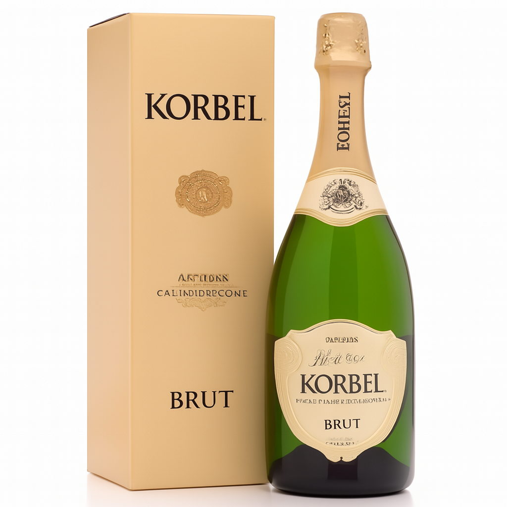 Korbel Brut sparkling wine bottle and box, beige and gold, on white.