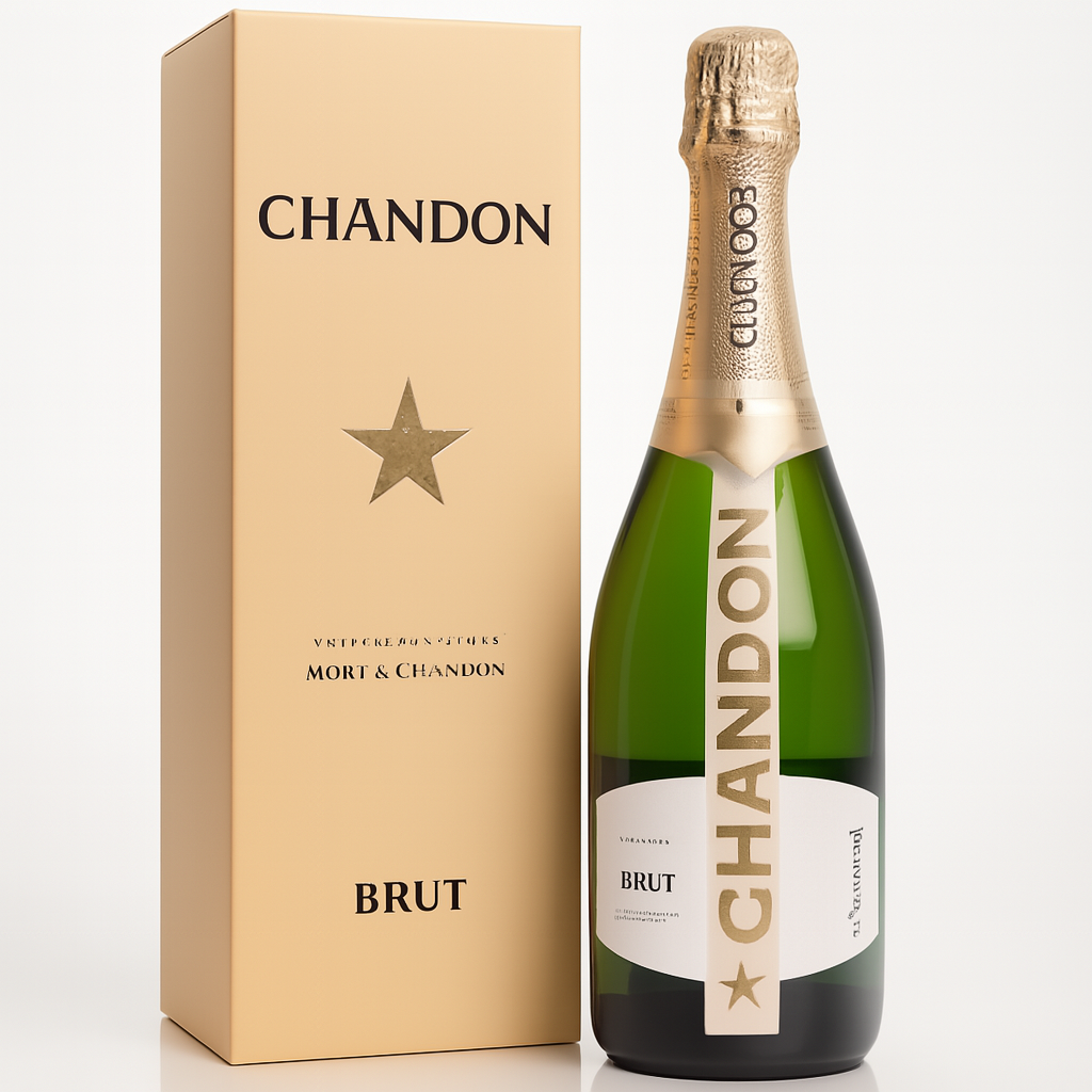 Chandon Brut sparkling wine bottle with accompanying gift box, gold and tan colors.