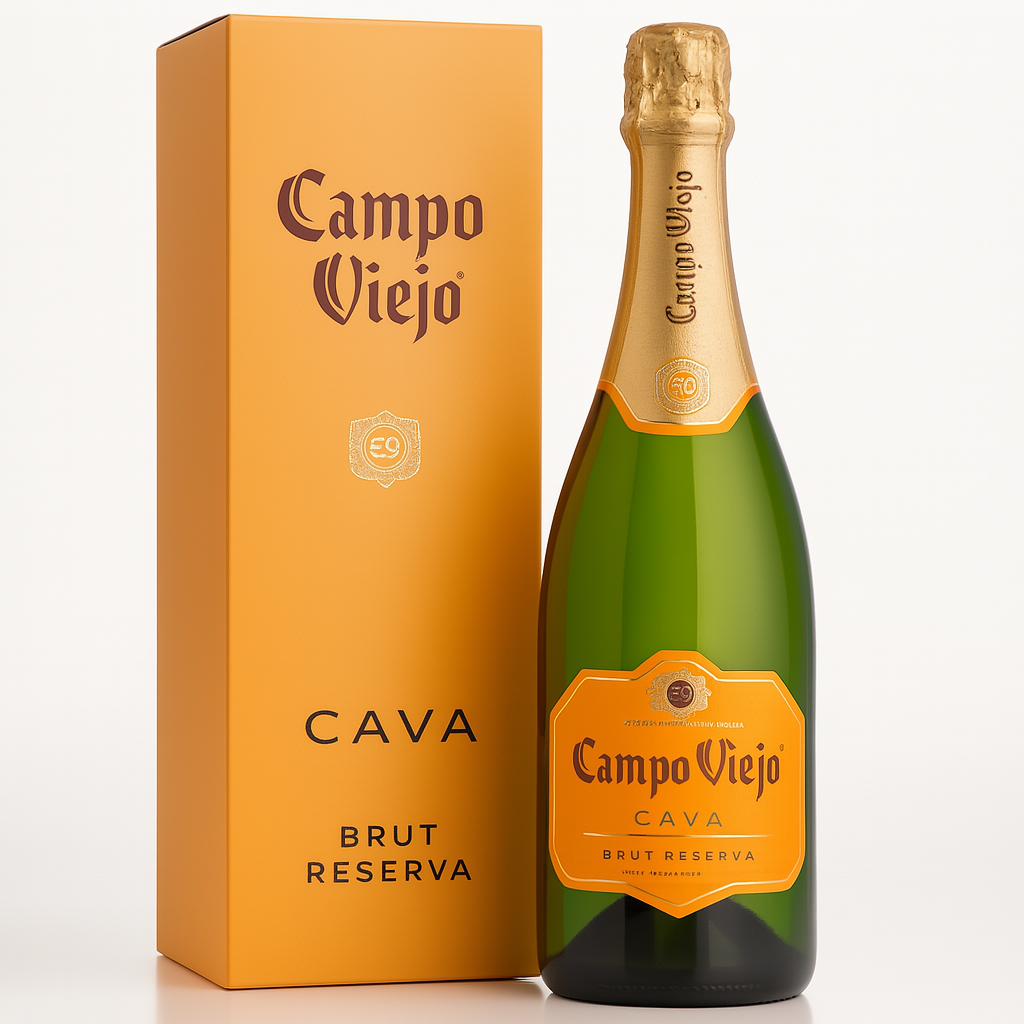 Bottle of Campo Viejo Cava with a gold label and a matching orange gift box.