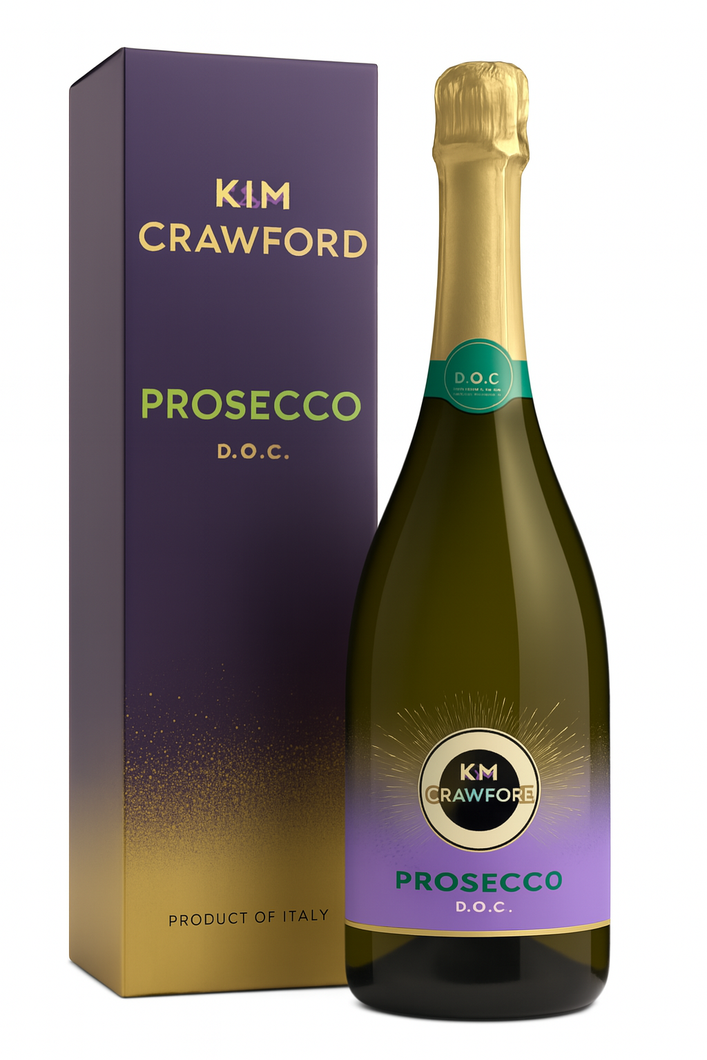 Kim Crawford Prosecco bottle and box, purple and gold colors.