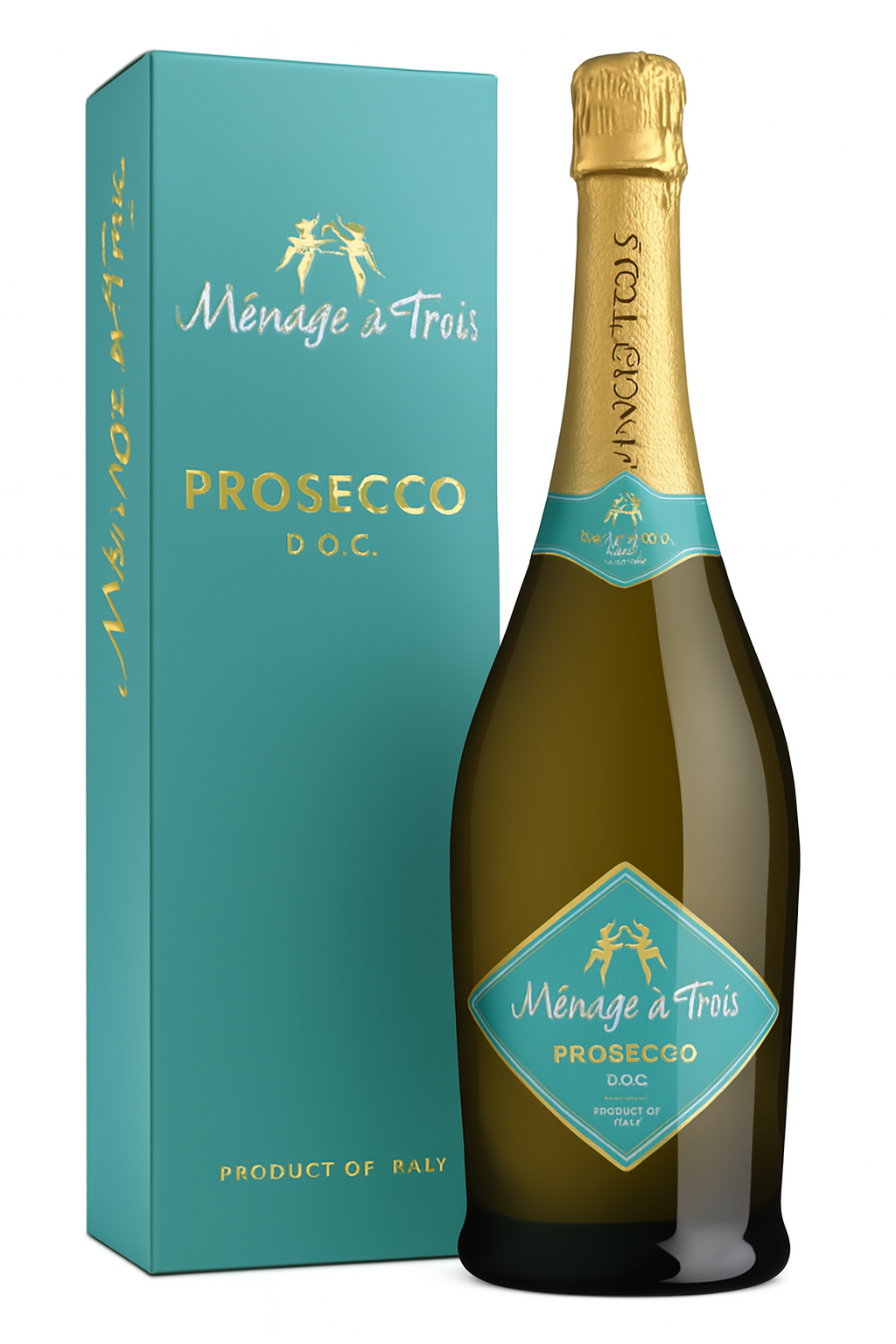 Bottle of Ménage à Trois Prosecco with teal label and box.