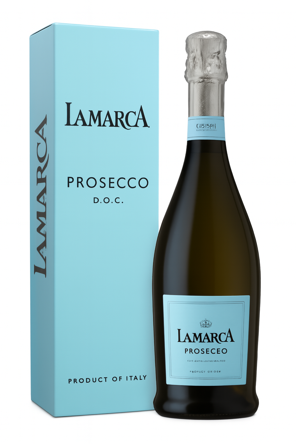 Bottle of La Marca Prosecco sparkling wine with a light blue box.