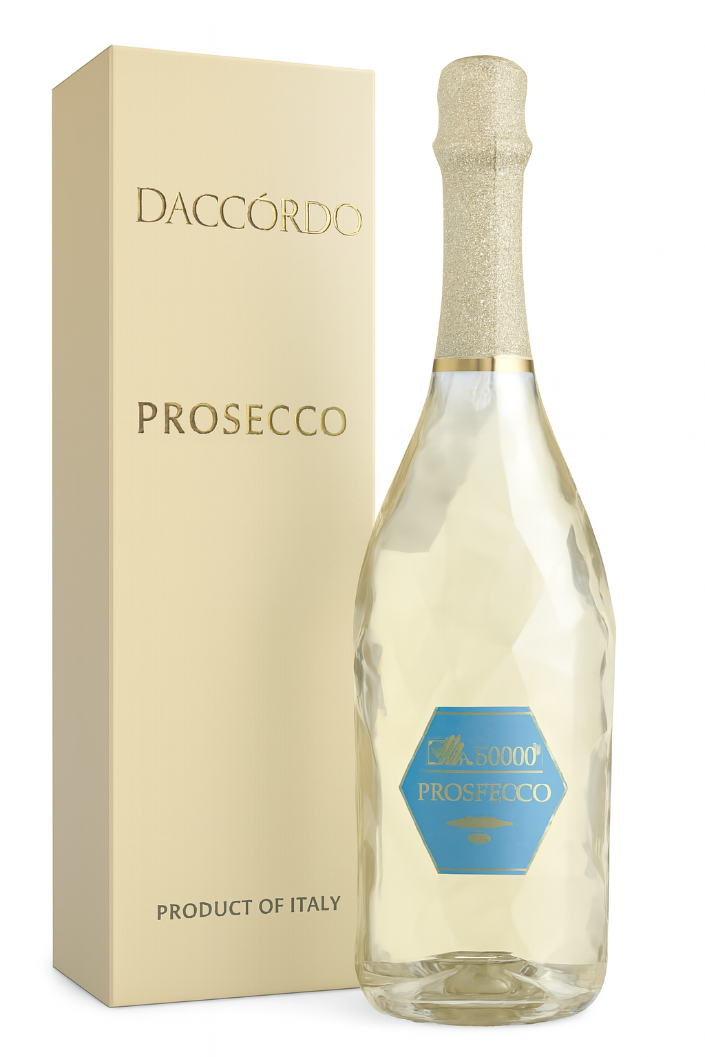 Daccor 20 Prosecco bottle and box, light-colored. Bottle with a sparkly gold neck and blue label; box says 
