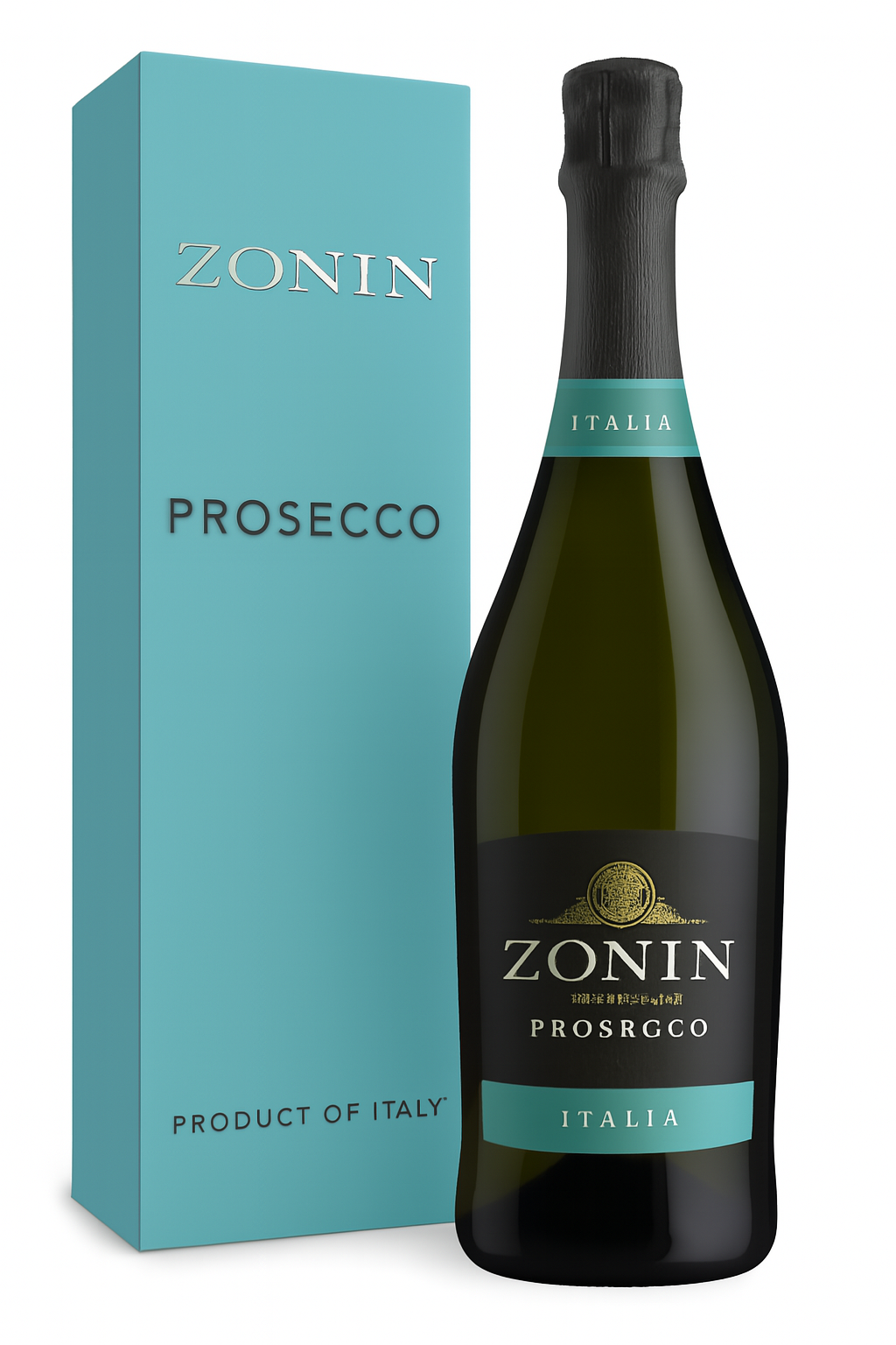 Zonin Prosecco bottle next to a teal gift box.