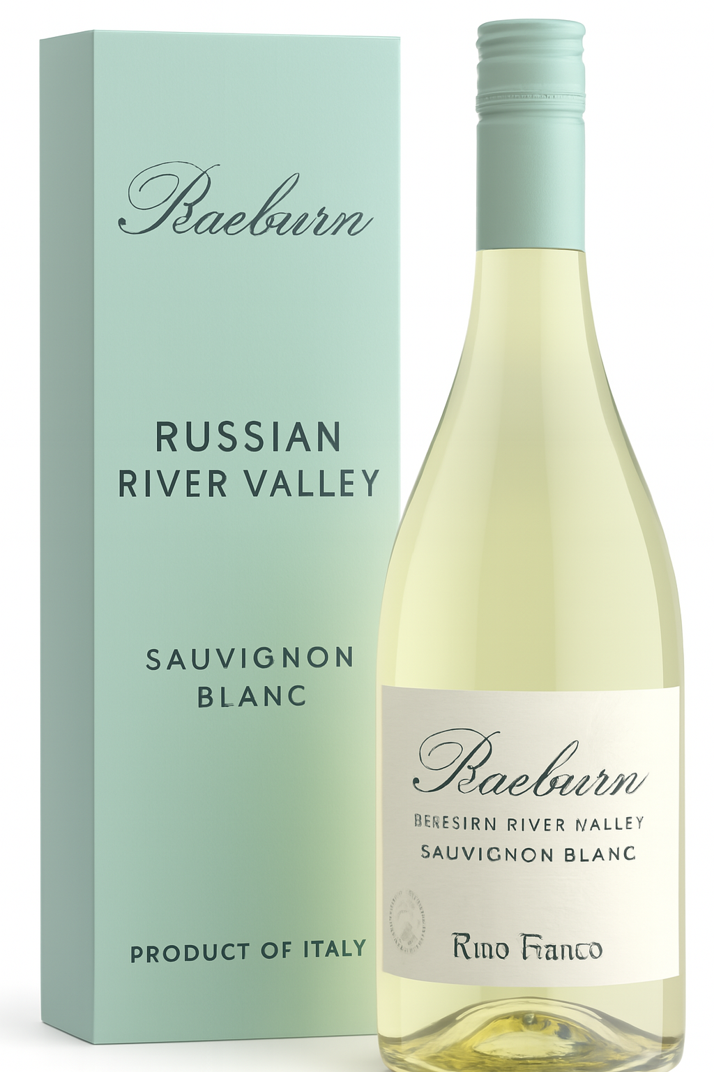 Bottle of Raeburn Sauvignon Blanc wine from Russian River Valley next to a matching box.