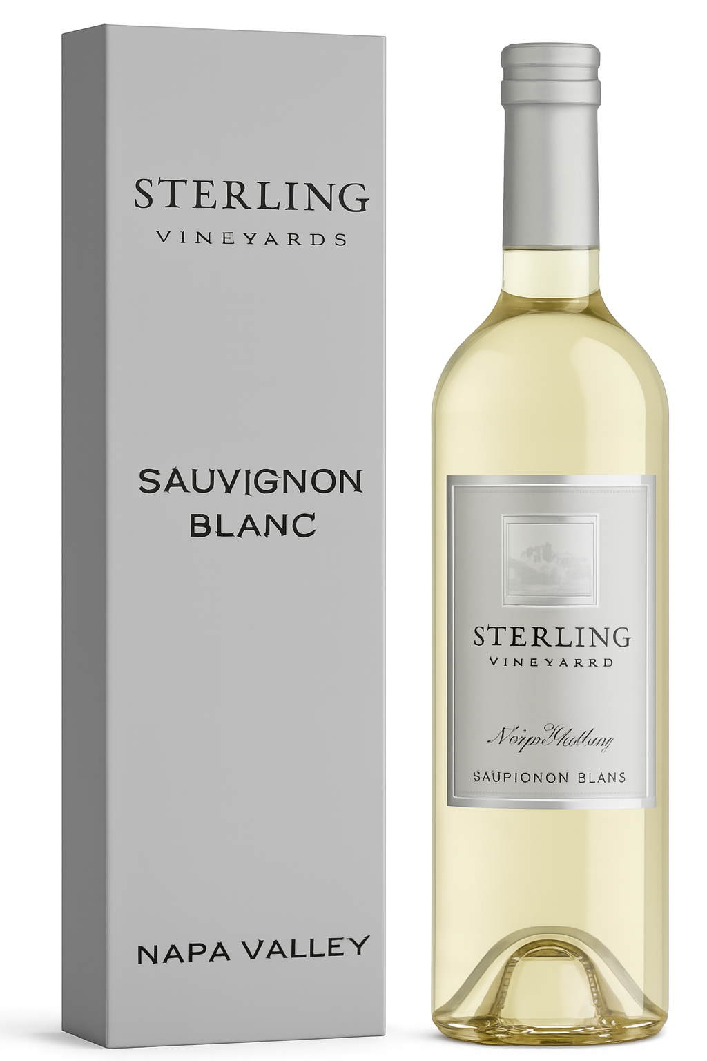 Sterling Vineyards Sauvignon Blanc wine bottle and box, Napa Valley. Light yellow liquid, silver label and packaging.