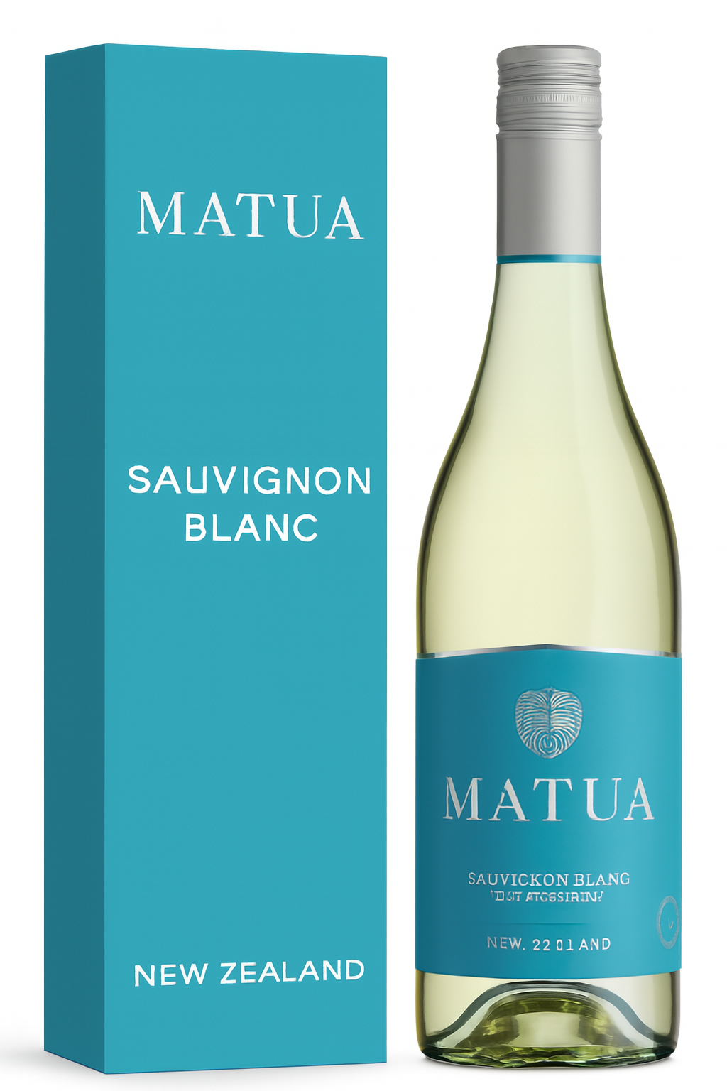 Matua Sauvignon Blanc wine bottle with teal label next to a matching teal box.