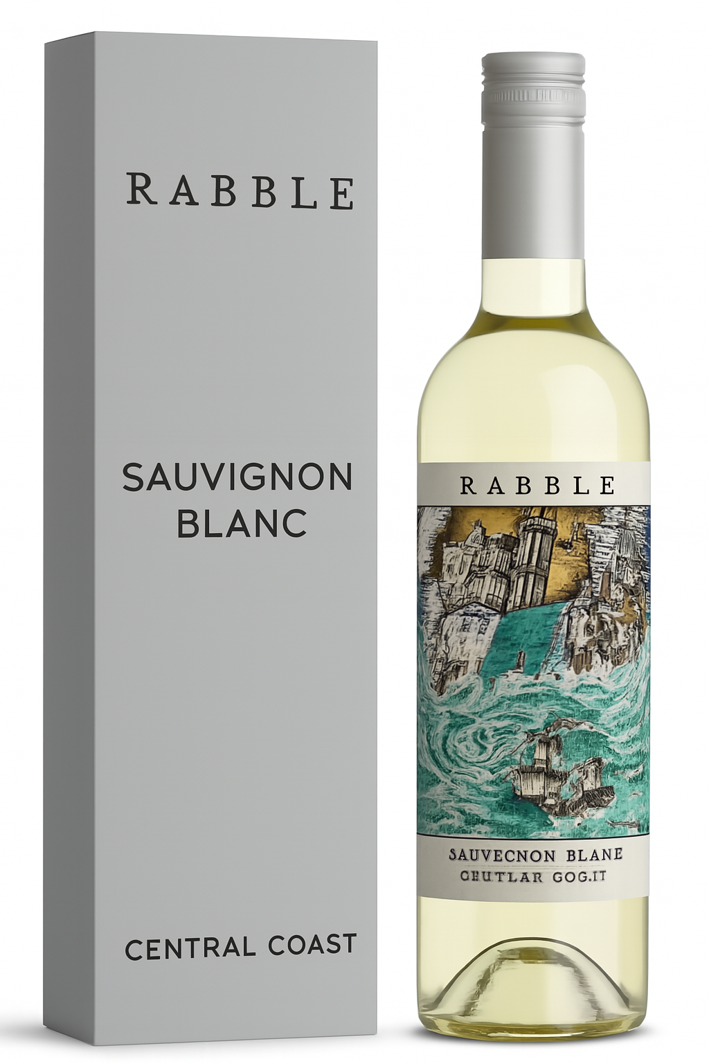 Bottle of Rabble Sauvignon Blanc white wine with its grey box.