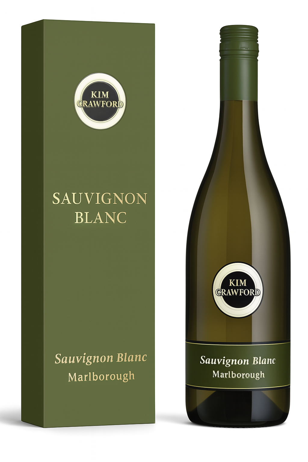 Bottle of Kim Crawford Sauvignon Blanc wine with a green box.