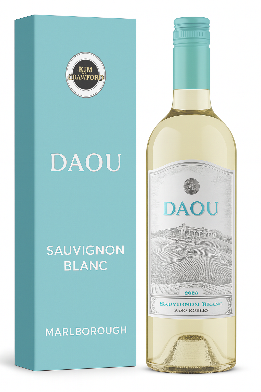 Daou Sauvignon Blanc wine bottle and box; light blue, white label.