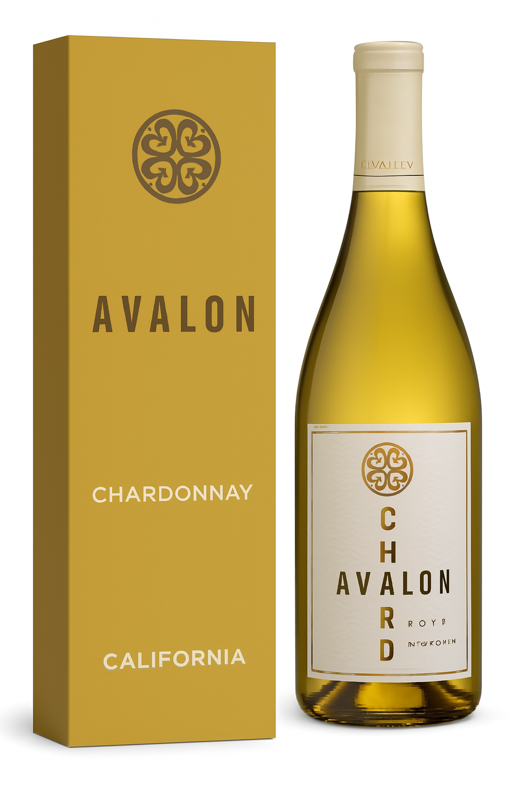 Avalon Chardonnay bottle and box, yellow and gold, California wine.