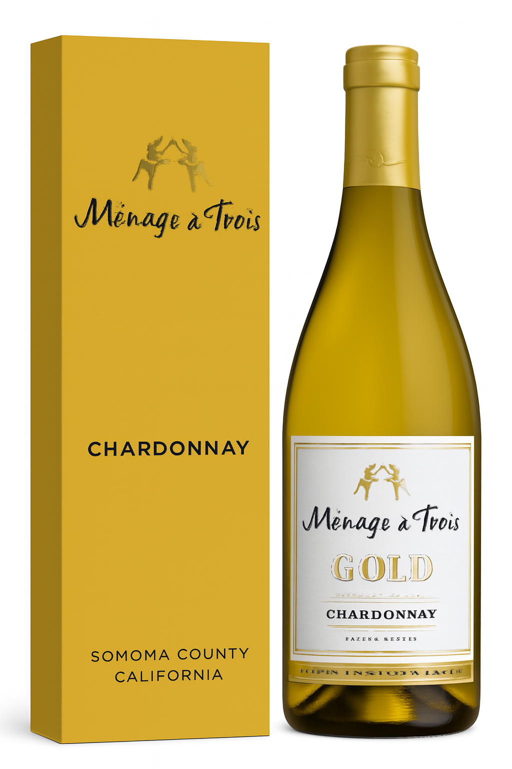 Bottle of Ménage à Trois Gold Chardonnay wine with gold label, beside a matching gold box.
