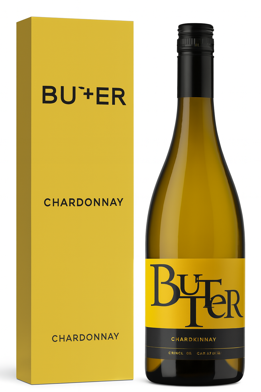 Butter Chardonnay wine bottle and yellow box.