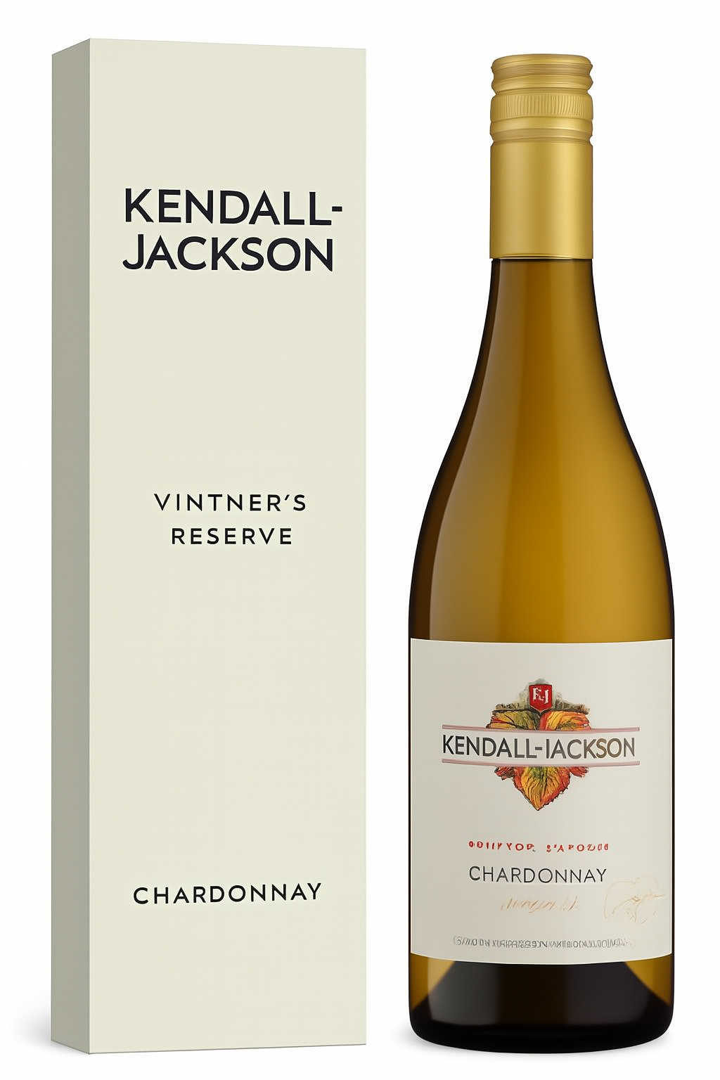 Kendall-Jackson Vintner's Reserve Chardonnay bottle and box, white label, gold top, light background.