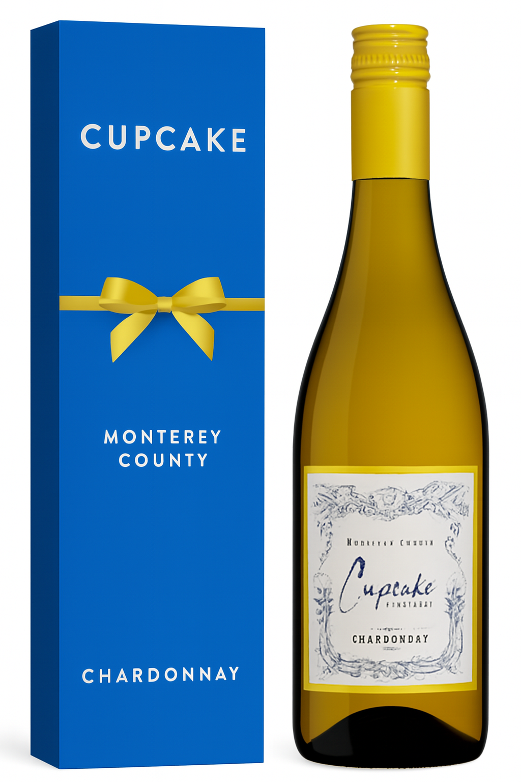 Cupcake Chardonnay wine bottle beside a blue gift box with a yellow bow.