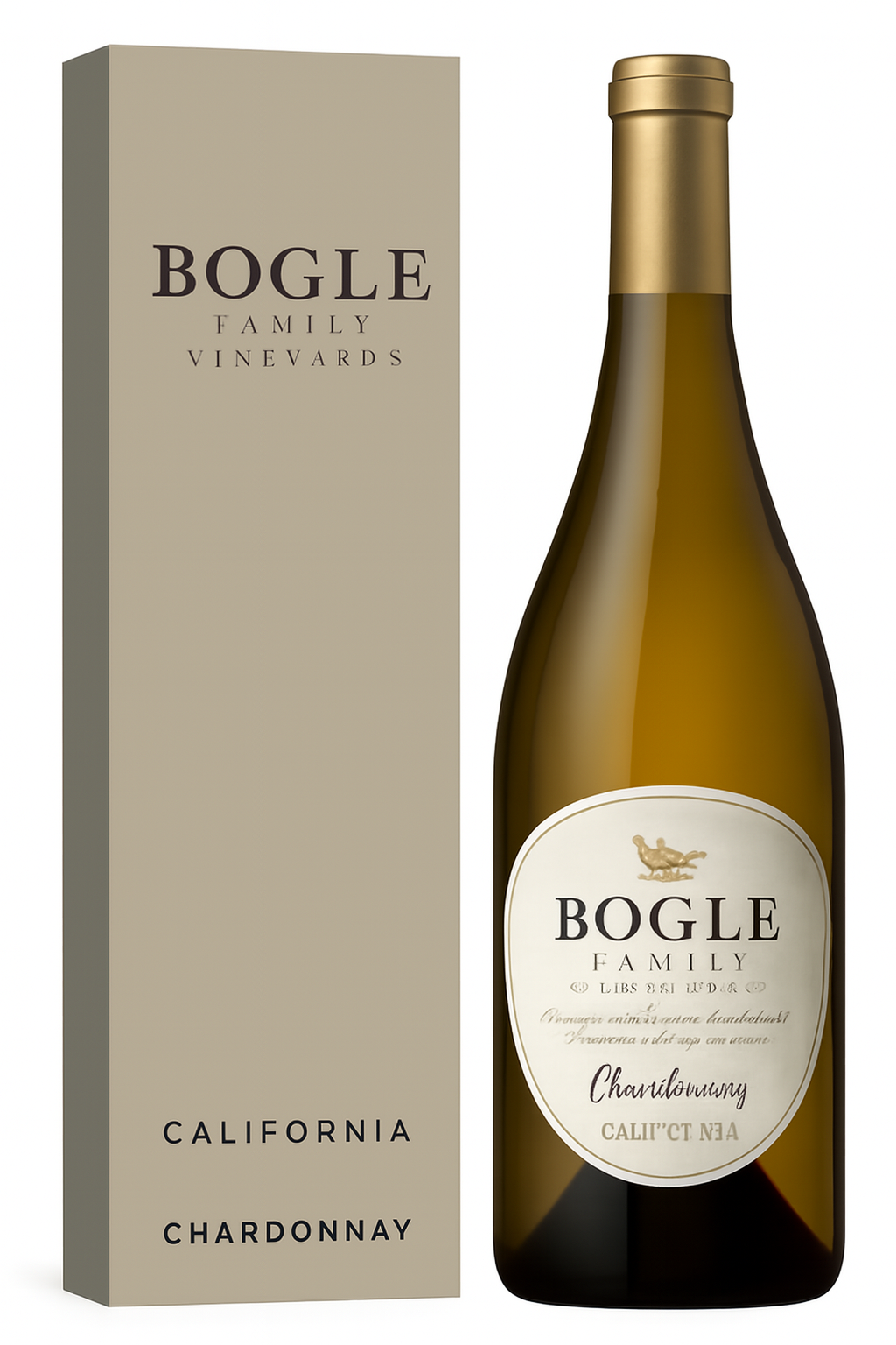 Bogle Family Vineyards Chardonnay wine bottle and box against a white background.