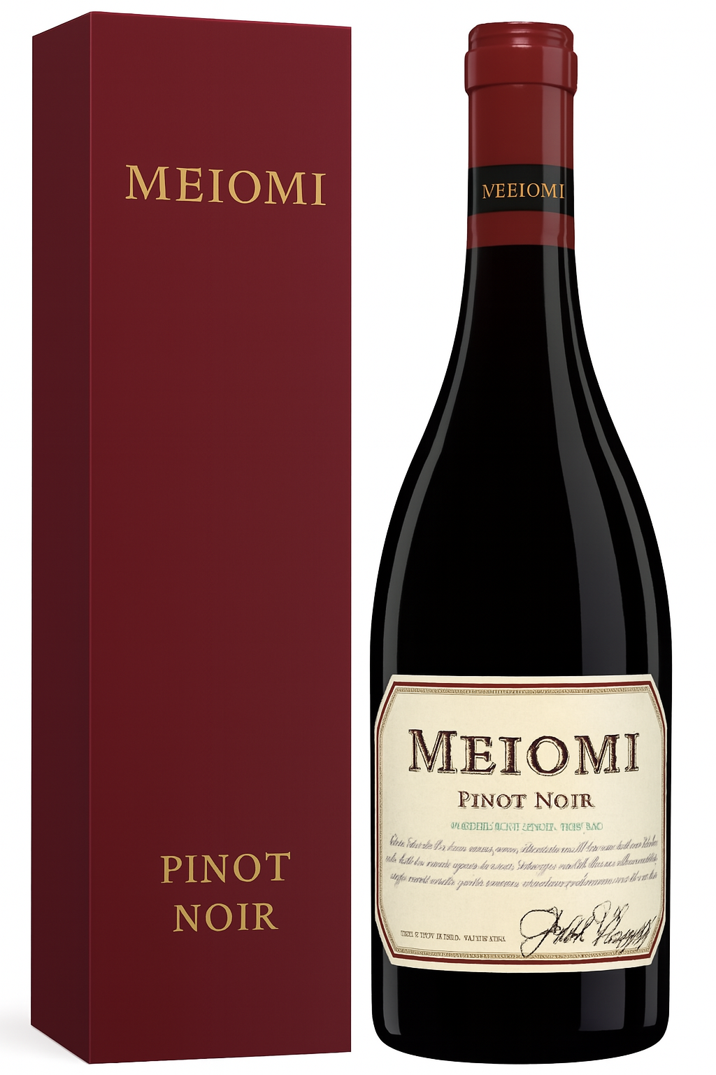 Meiomi Pinot Noir wine bottle and gift box, dark red and gold label, elegant.