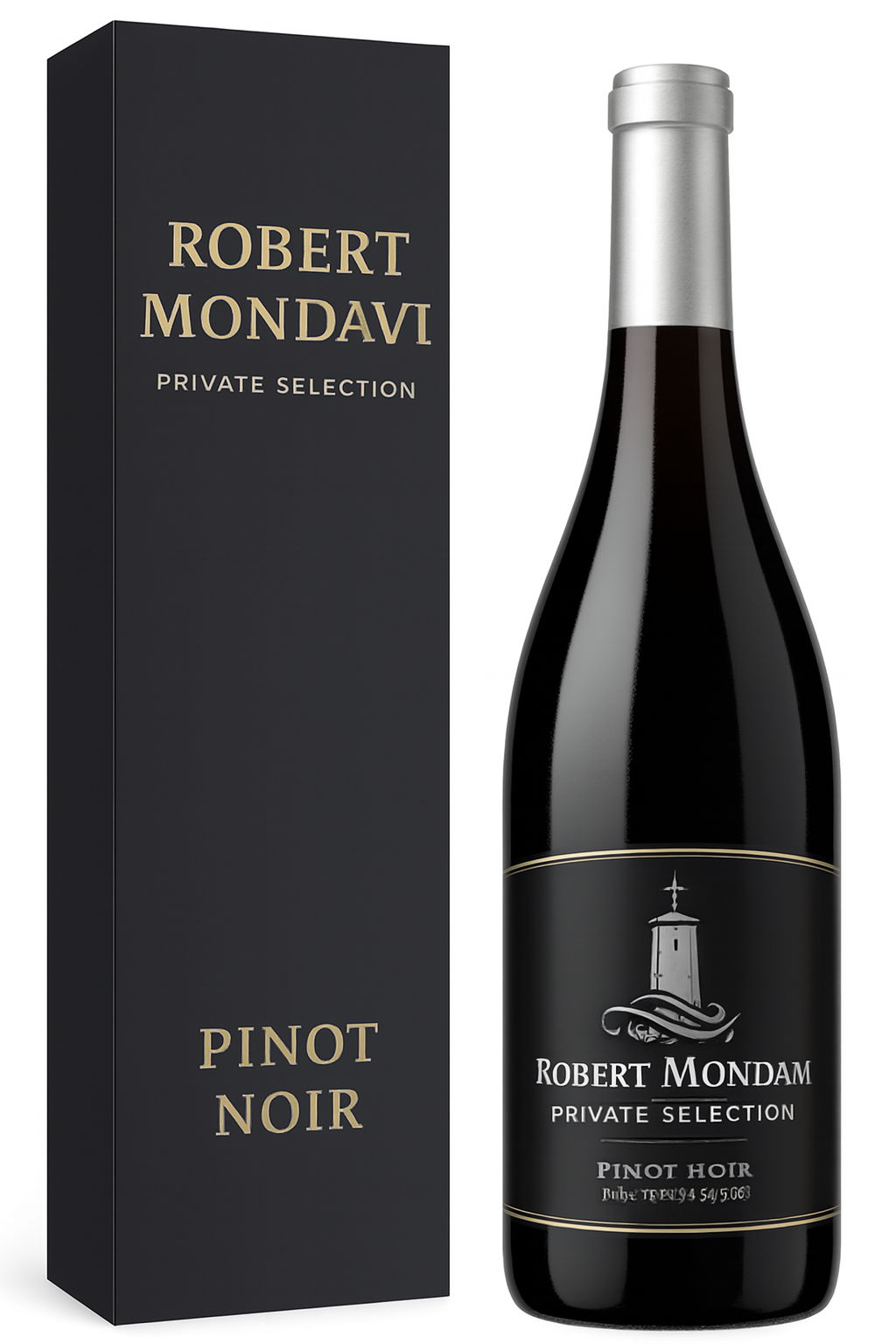 Bottle of Robert Mondavi Pinot Noir and black gift box.