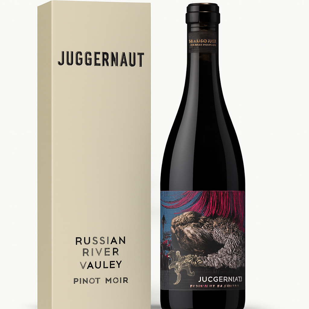 Bottle of Juggernaut Russian River Valley Pinot Noir with matching box.