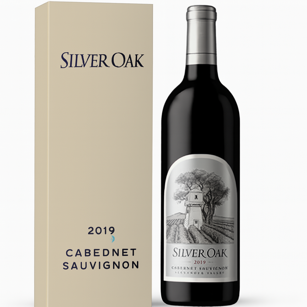 Bottle of Silver Oak Cabernet Sauvignon and box. Dark bottle with silver label, tan box.
