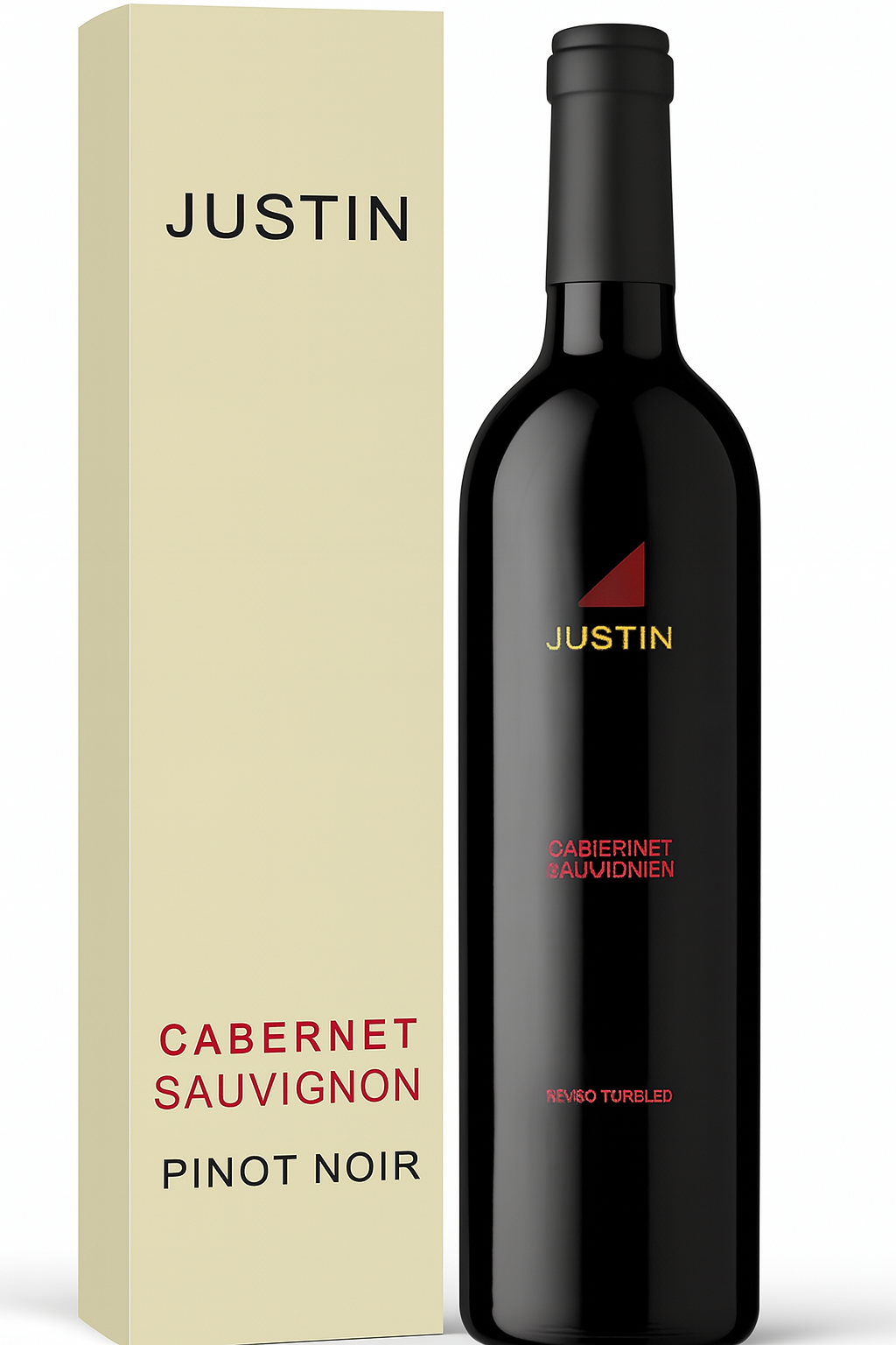 A bottle of JUSTIN Cabernet Sauvignon Pinot Noir wine next to a beige box.