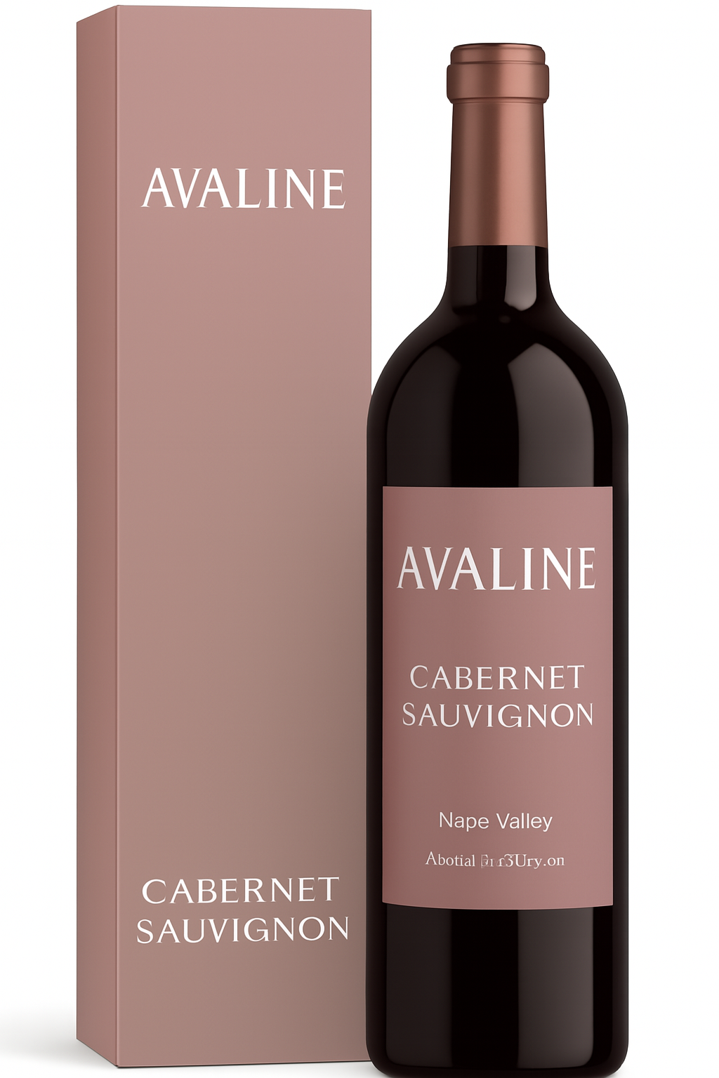 Bottle of Avaline Cabernet Sauvignon wine with its matching box, both in a muted rose color.