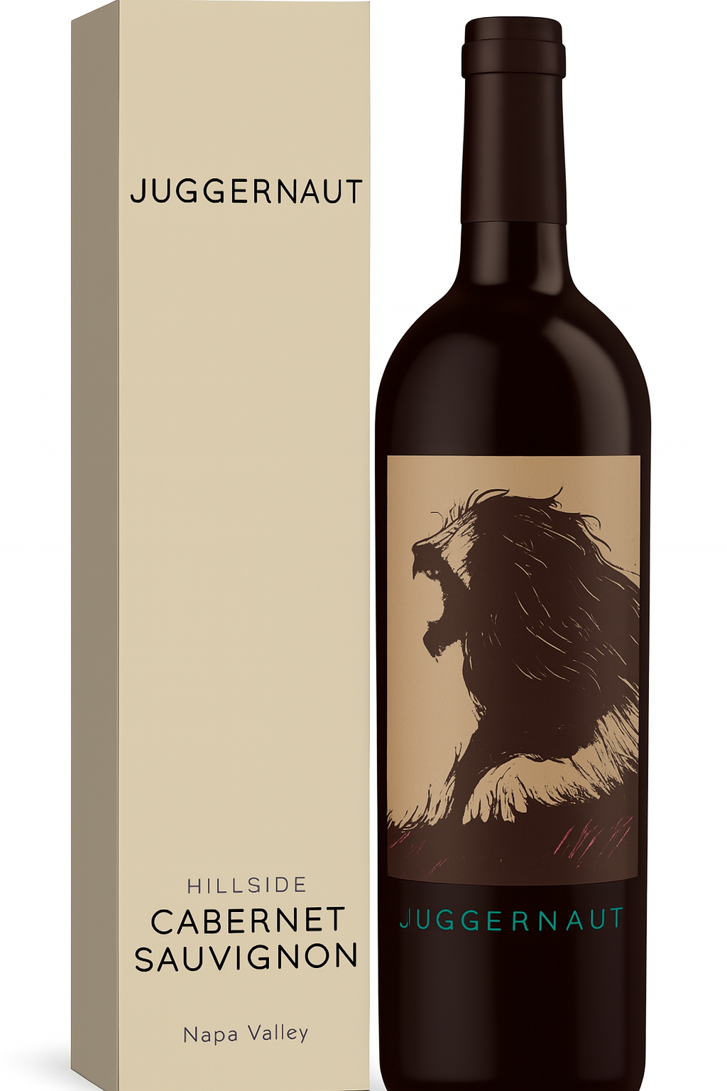 Bottle of Juggernaut Cabernet Sauvignon wine with a lion illustration and beige box.