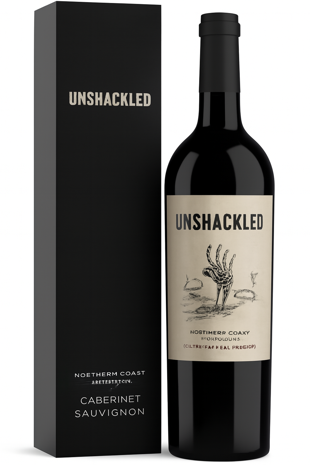 Bottle of Unshackled Cabernet Sauvignon wine with black box.