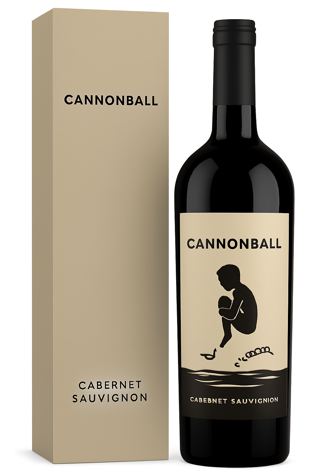 Cannonball Cabernet Sauvignon wine bottle with box; features a jumping figure.