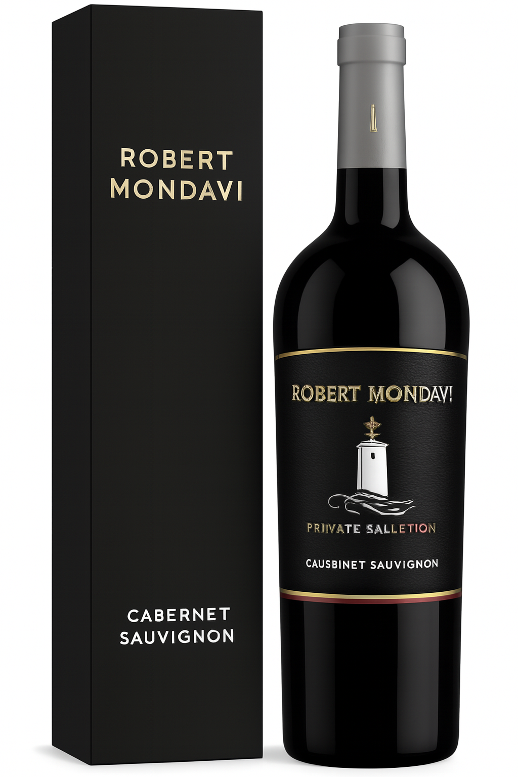 Robert Mondavi Cabernet Sauvignon wine bottle and box, black and gold, upright.