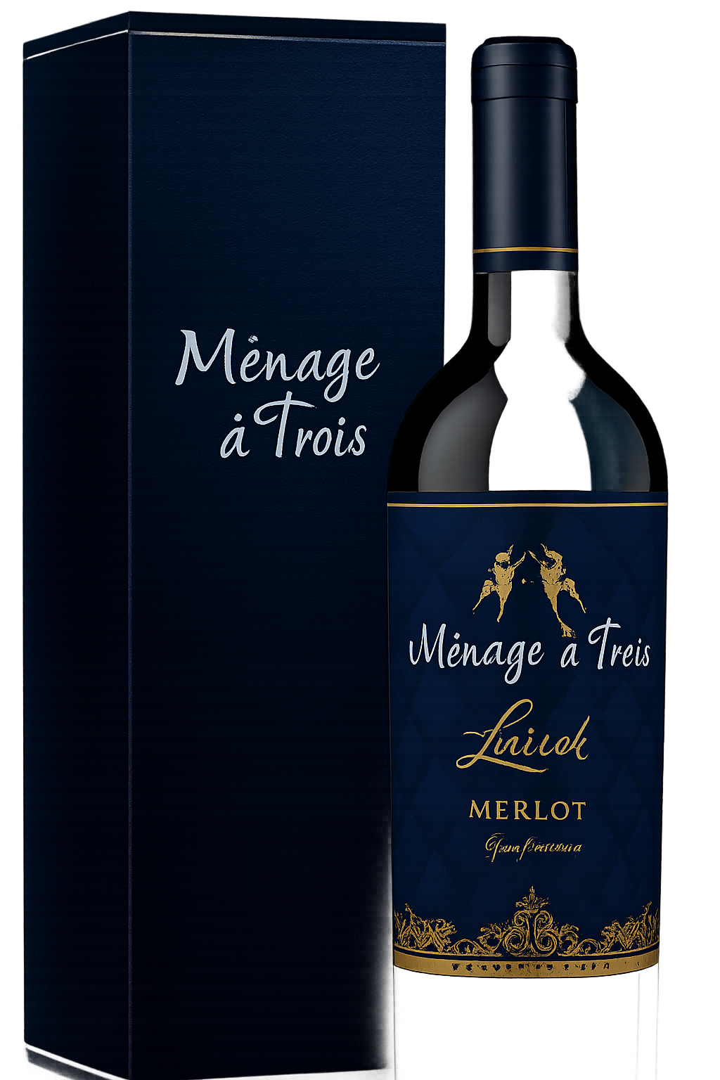 Bottle of Ménage à Trois Merlot wine with its navy blue box, featuring the label design and gold accents.