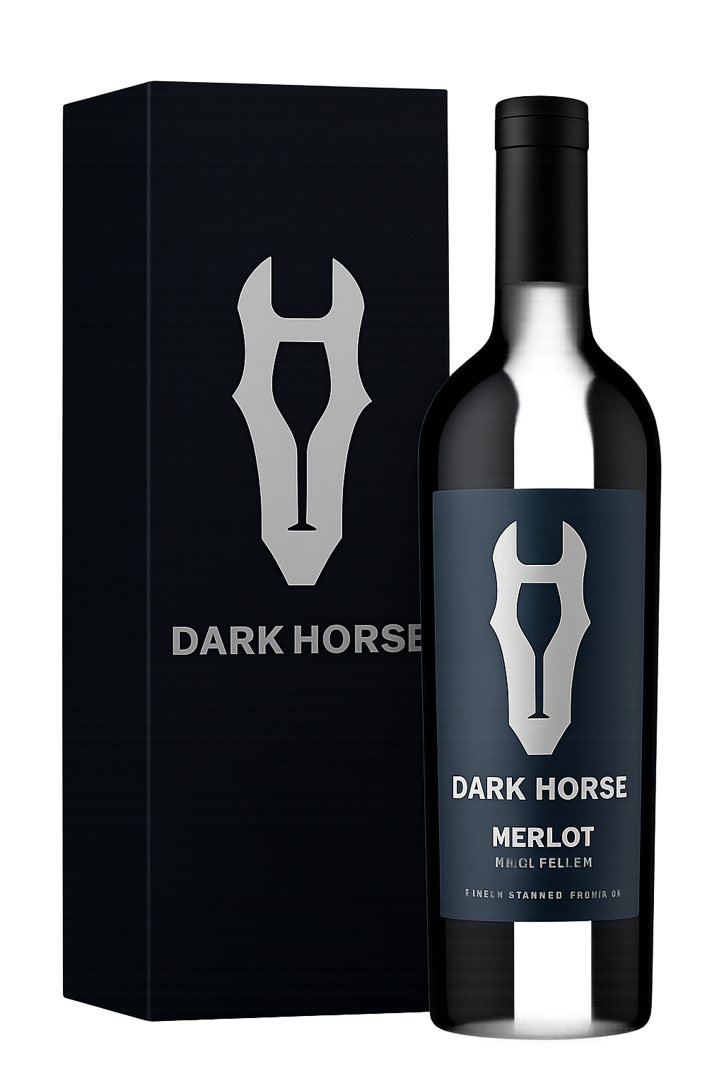 Dark Horse Merlot wine bottle and box, navy blue label, silver horse-head logo.