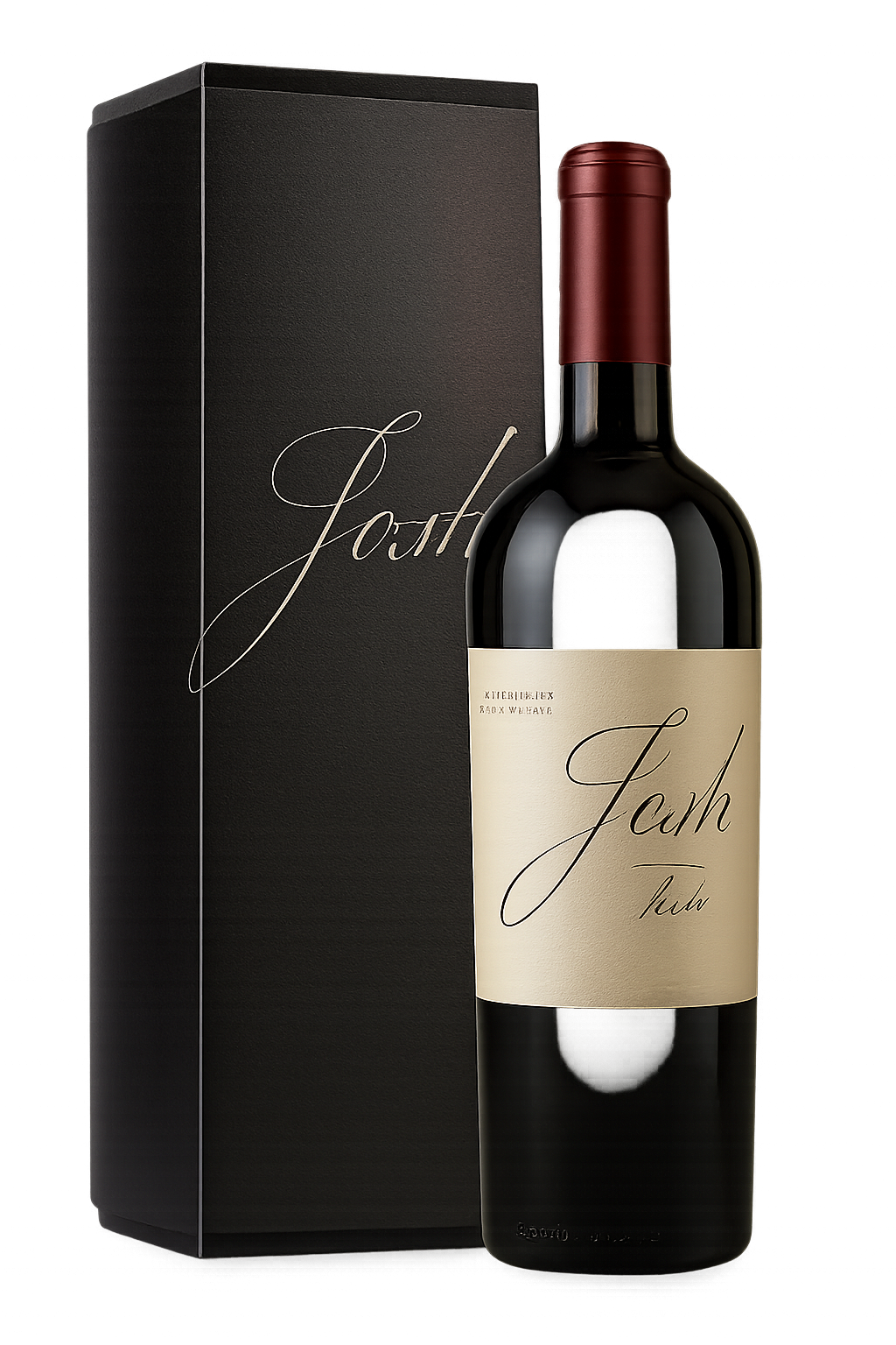 Bottle of Josh Cellars wine with a matching black gift box.