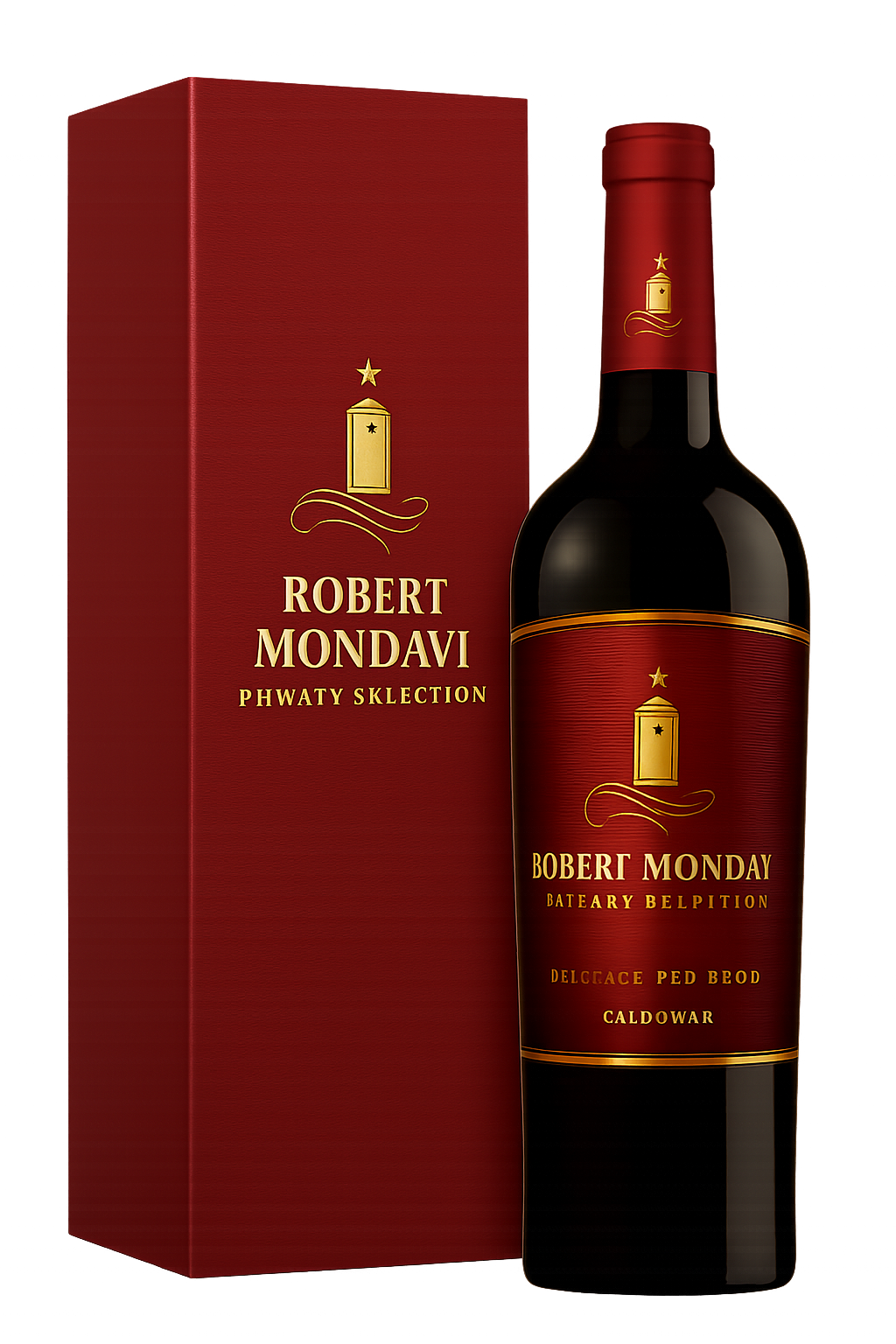 Robert Mondavi Private Selection wine bottle and gift box, red and gold, California.