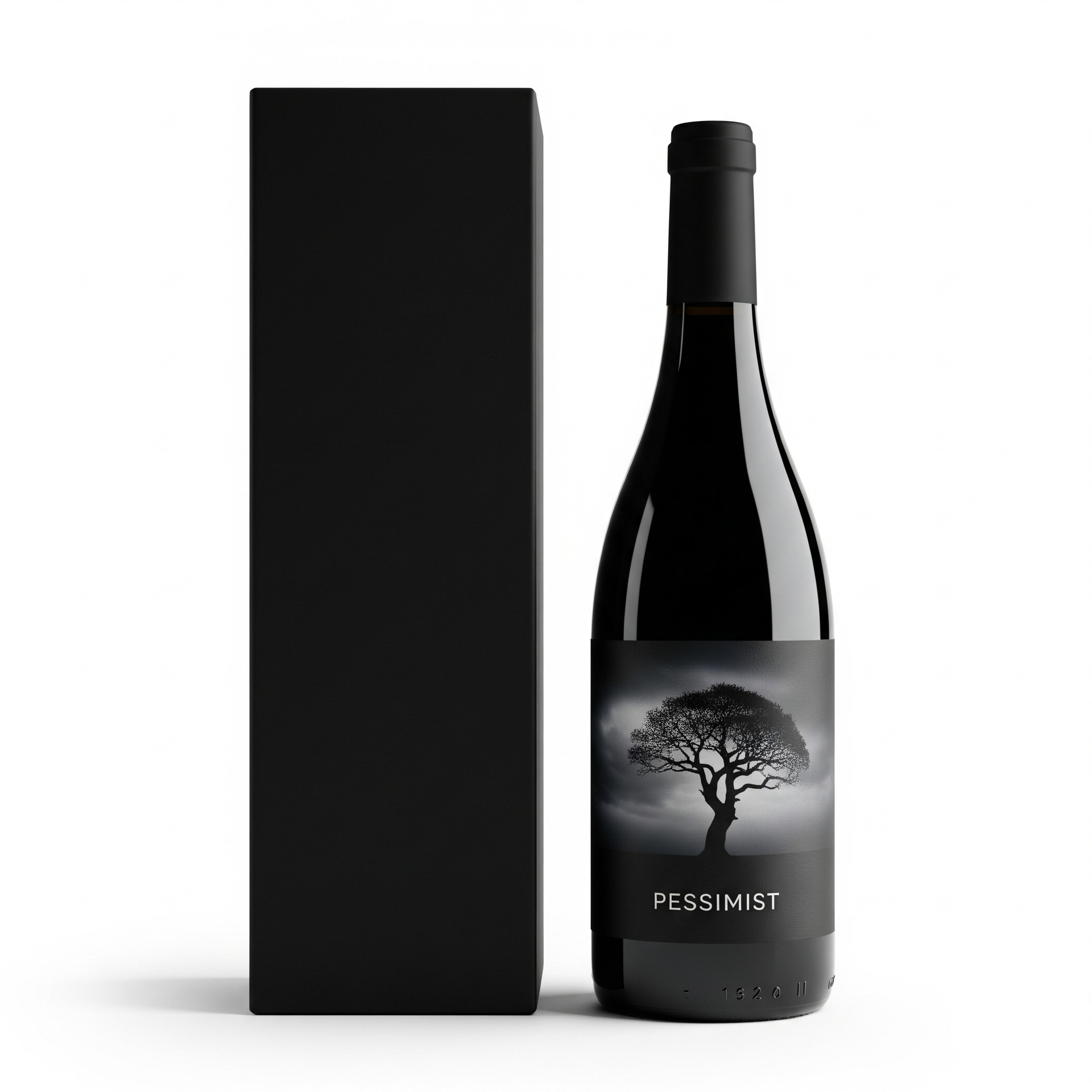 Bottle of Pessimist red wine next to a black box. The label has a silhouetted tree.
