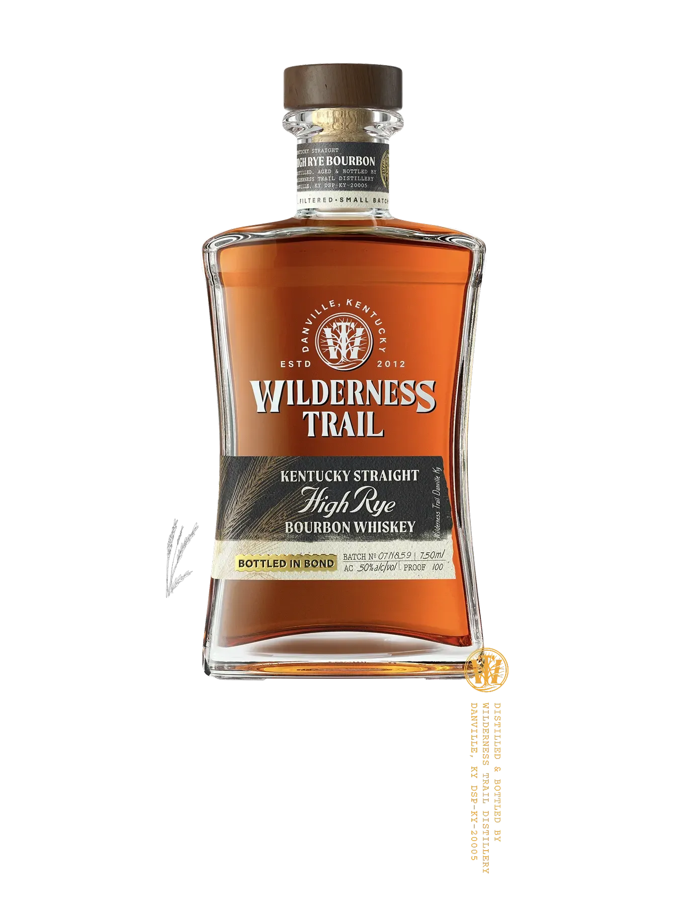 Bottle of Wilderness Trail High Rye bourbon with label and brown cap.