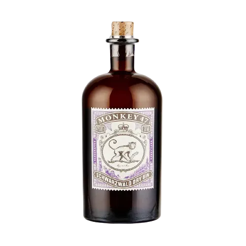 Bottle of Monkey 47 gin, dark glass, purple label with monkey illustration, cork top.