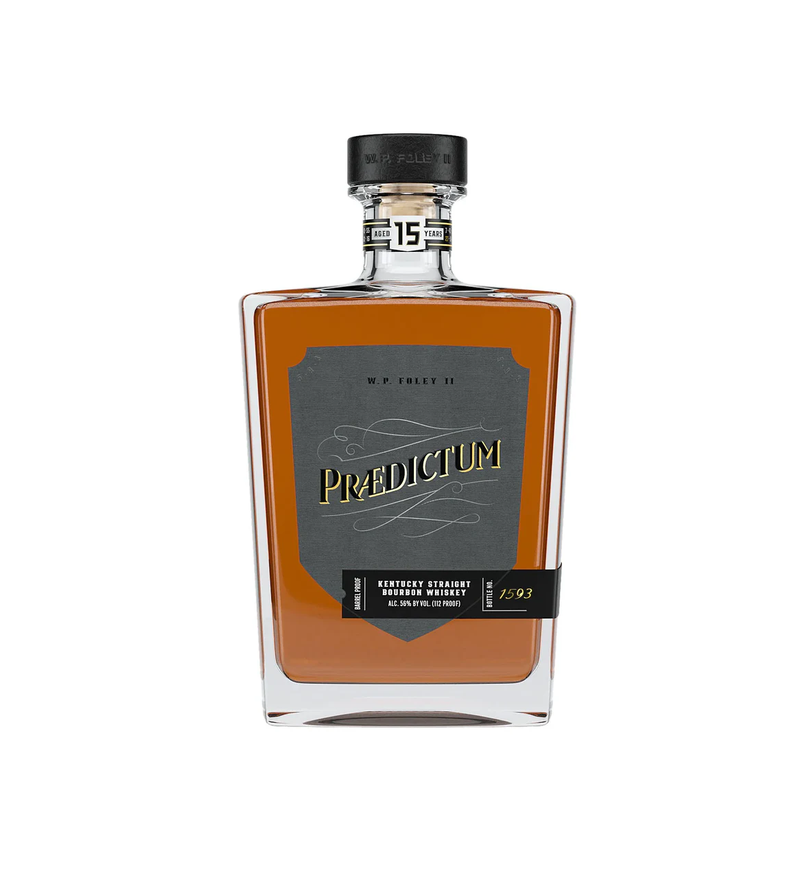 Bottle of Praedictum 15 year Kentucky Straight Bourbon Whiskey with dark label and gold lettering, amber liquid inside.