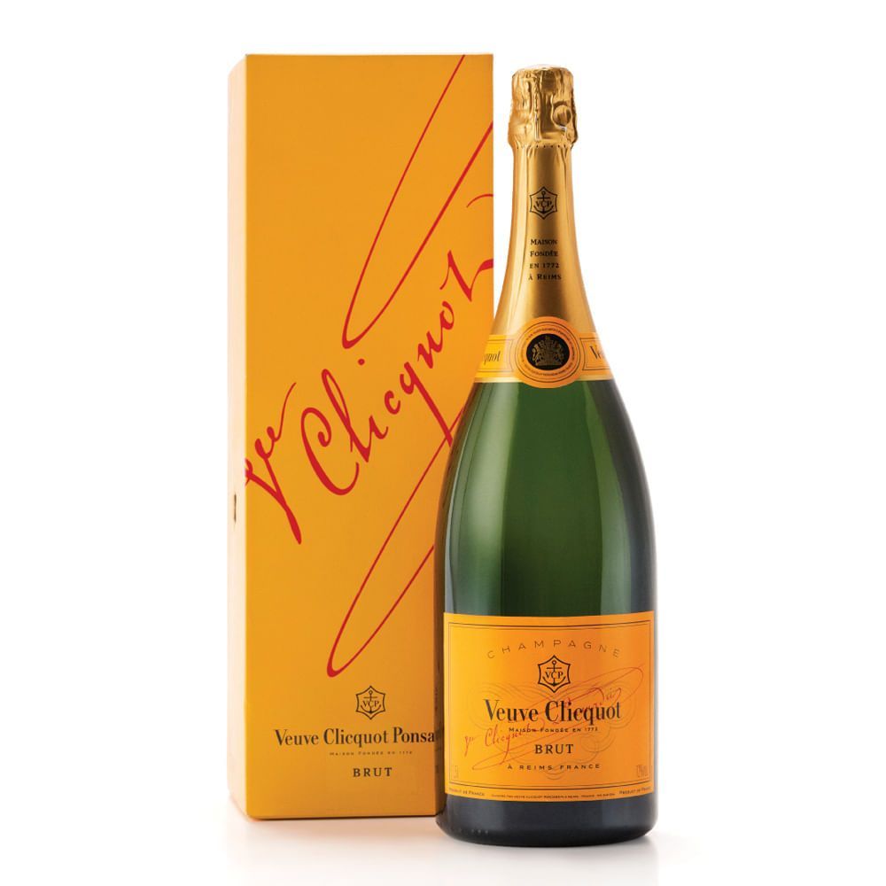 Bottle of Veuve Clicquot champagne and its orange box. Bottle is green with gold label.