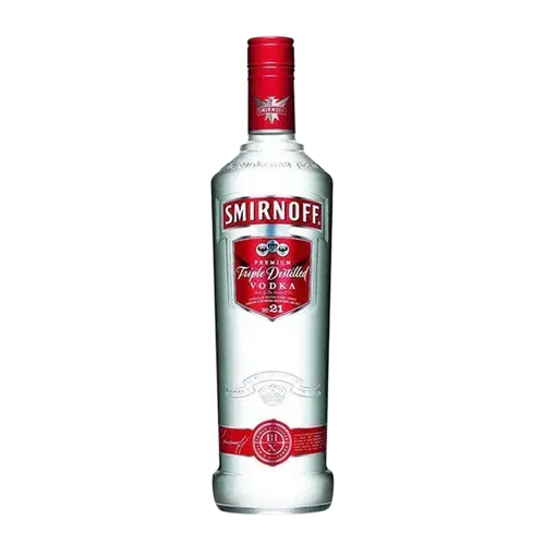 A bottle of Smirnoff Triple Distilled Vodka with red and white labels.